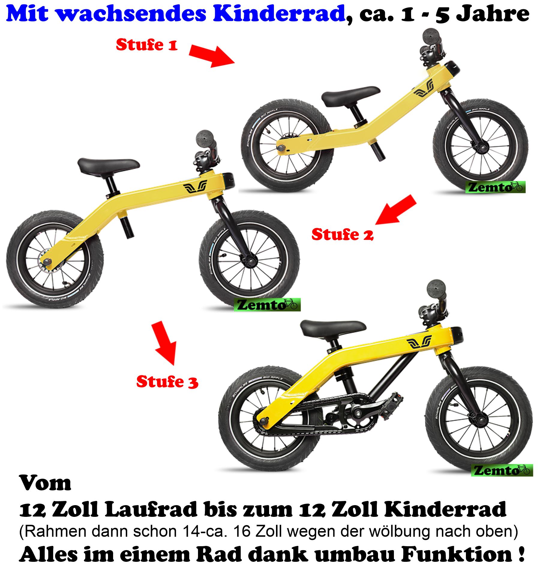 Zemto - Laufrad, 12 Zoll Kinderrad, Vici Fahrrad, mit wachsendes